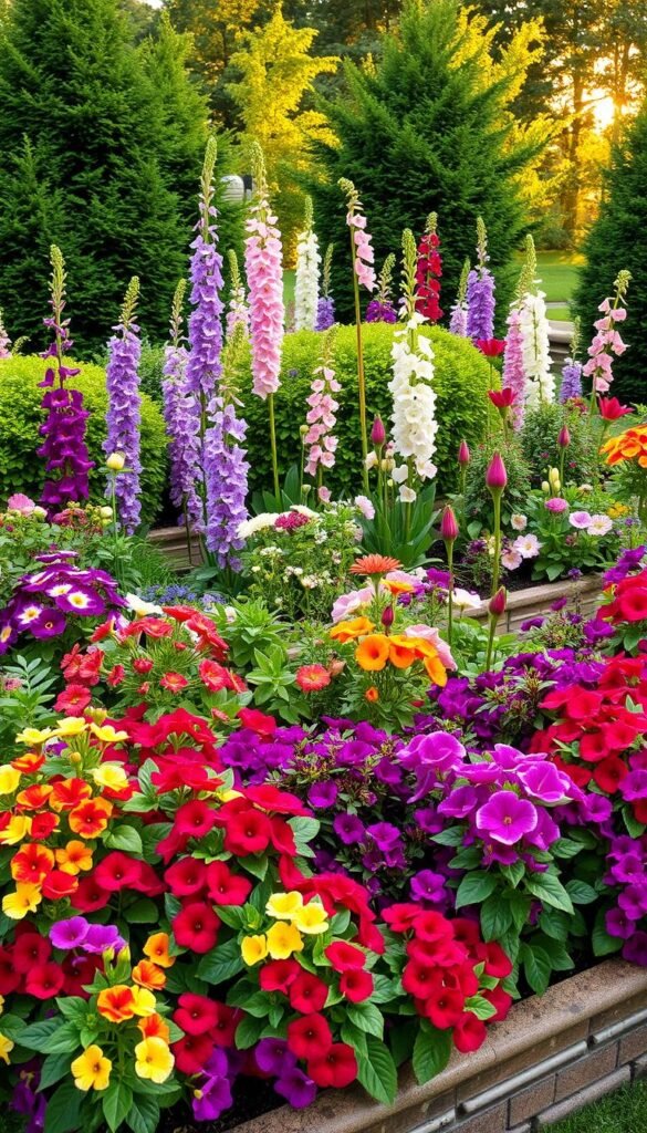 A lush, vibrant garden filled with an array of seasonal blooms and foliage. In the foreground, an elegant arrangement of colorful petunias, begonias, and impatiens cascading over the edges of raised flower beds. In the middle ground, a mix of tall, stately delphiniums, peonies, and dahlias in shades of purple, pink, and red. The background features a backdrop of verdant shrubs and trees, providing a natural, serene setting. Warm, golden sunlight filters through the foliage, casting a gentle glow over the scene. The overall composition evokes a sense of harmony, beauty, and the joyful celebration of nature's seasonal abundance.