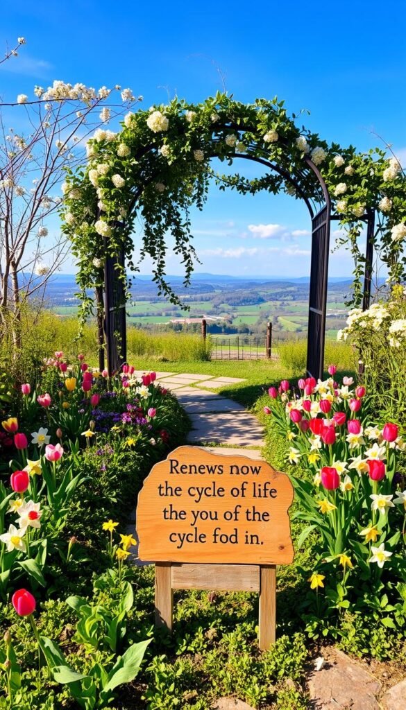 A lush, vibrant garden in the springtime, with delicate flowers blooming amidst verdant foliage. In the foreground, a whimsical wooden sign displays a handwritten quote about renewal and the cycle of life, its weathered surface reflecting the warmth of the afternoon sun. The middle ground features a meandering stone path, flanked by colorful beds of tulips, daffodils, and cherry blossoms. In the background, a wrought-iron trellis adorned with cascading vines frames a serene vista of rolling hills and a cloudless sky. The scene evokes a sense of tranquility, growth, and the timeless beauty of nature's eternal cycle.