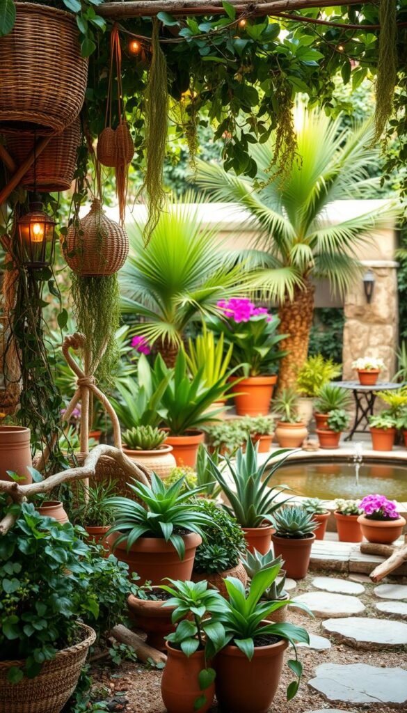 A lush, vibrant garden oasis with an eclectic, bohemian flair. In the foreground, a mix of natural materials - woven baskets, terracotta pots, and driftwood accents - create a rustic, earthy aesthetic. Cascading vines and trailing greenery spill over the edges, blurring the boundaries between the garden and its surroundings. In the middle ground, a diverse array of potted plants and flowers - from towering palms to trailing succulents - thrive in the warm, ambient lighting. The background features a tranquil water feature, its gentle ripples reflecting the verdant foliage above. An overall sense of harmony and balance, where nature and human-made elements coexist in perfect symbiosis, creating a truly enchanting, bohemian-inspired outdoor retreat.