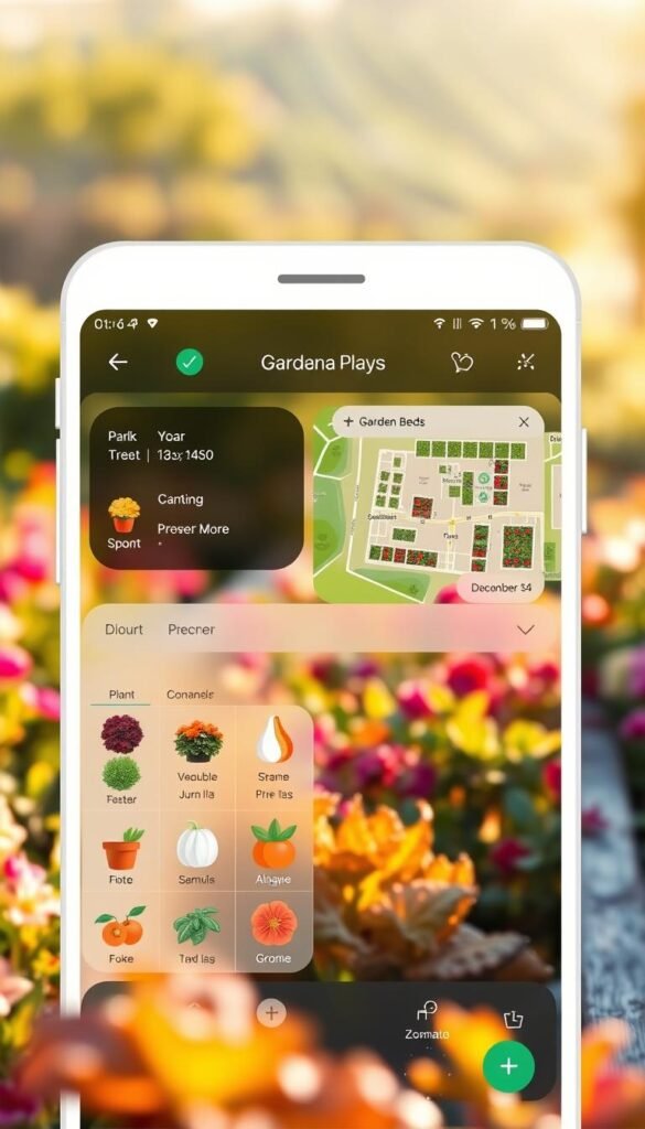 A lush, vibrant garden planning app interface with a sleek, modern layout. In the foreground, a clean grid of colorful plant icons and details, allowing users to easily track and manage their vegetable garden. The middle ground showcases a zoomable map view, with customizable garden beds and planting arrangements. In the background, a soft, blurred landscape of a thriving garden, bathed in warm, natural lighting that creates a serene, inviting atmosphere. The interface features intuitive controls, responsive touch interactions, and a minimalist color palette that complements the earthy tones of the garden. The overall design strikes a balance between functionality and aesthetic appeal, making garden planning an enjoyable, immersive experience.