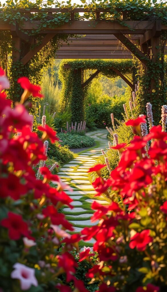 A lush, vibrant garden scene bathed in warm, golden light. In the foreground, a bountiful array of flowers in a harmonious color palette of deep reds, soft pinks, and delicate lavenders sway gently in a light breeze. The middle ground features a meandering stone path lined with verdant foliage, leading the eye deeper into the verdant oasis. In the background, a picturesque wooden arbor is draped with cascading vines, creating a natural frame for the serene scene. The overall atmosphere exudes a sense of tranquility and thoughtful design, inviting the viewer to lose themselves in the beauty of this enchanting outdoor space.