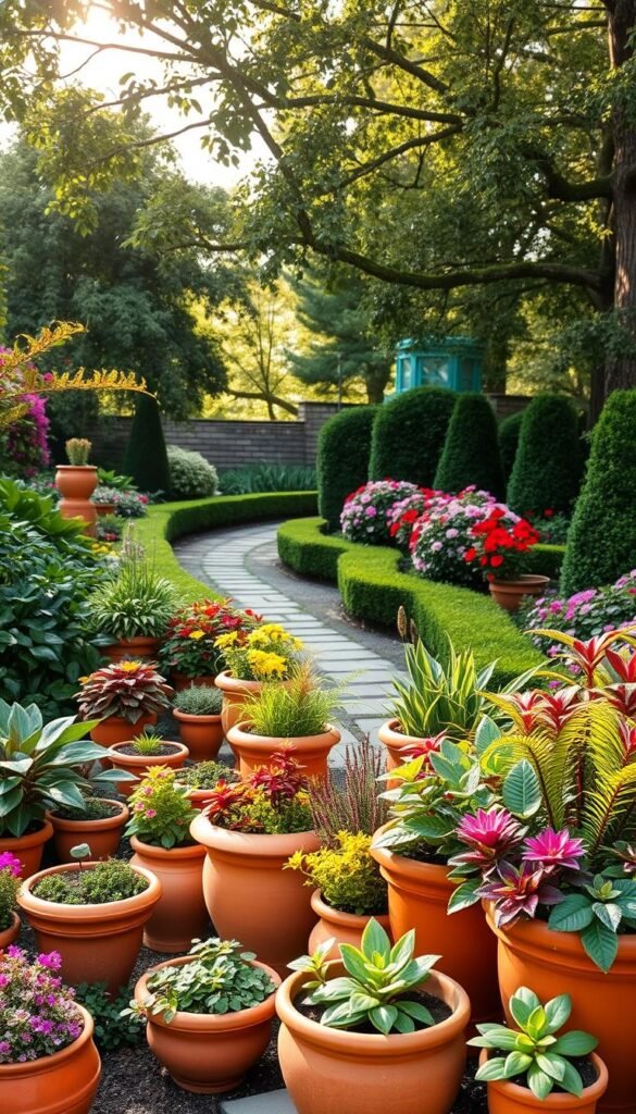 A lush, vibrant garden scene featuring an array of colorful terracotta pots and planters artfully arranged in the foreground. The pots are filled with a diverse selection of thriving plants, their leaves and flowers bursting with a rainbow of hues. In the middle ground, a winding stone path leads the eye deeper into the garden, flanked by neatly pruned hedges and flowering shrubs. Soft, warm lighting filters through the canopy of mature trees in the background, casting a gentle glow over the entire composition. The overall mood is one of serene, natural beauty, inviting the viewer to step into this enchanting outdoor oasis.