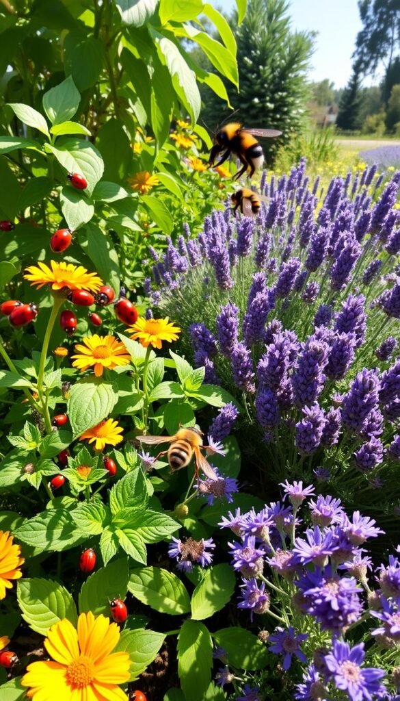A lush, vibrant garden scene showcasing a diverse array of beneficial insects and companion plants. In the foreground, a cluster of ladybugs, lacewings, and hoverflies gracefully hover over a thriving bed of herbs and flowers - basil, marigolds, and yarrow. The middle ground reveals a praying mantis stalking among the foliage, while in the background, a bumblebee pollinates a sprawling patch of purple-hued lavender. Sunlight filters through the leaves, casting a warm, naturalistic glow over the idyllic tableau. Captured with a wide-angle lens to emphasize the harmonious coexistence of these natural pest control allies and their complementary plants.