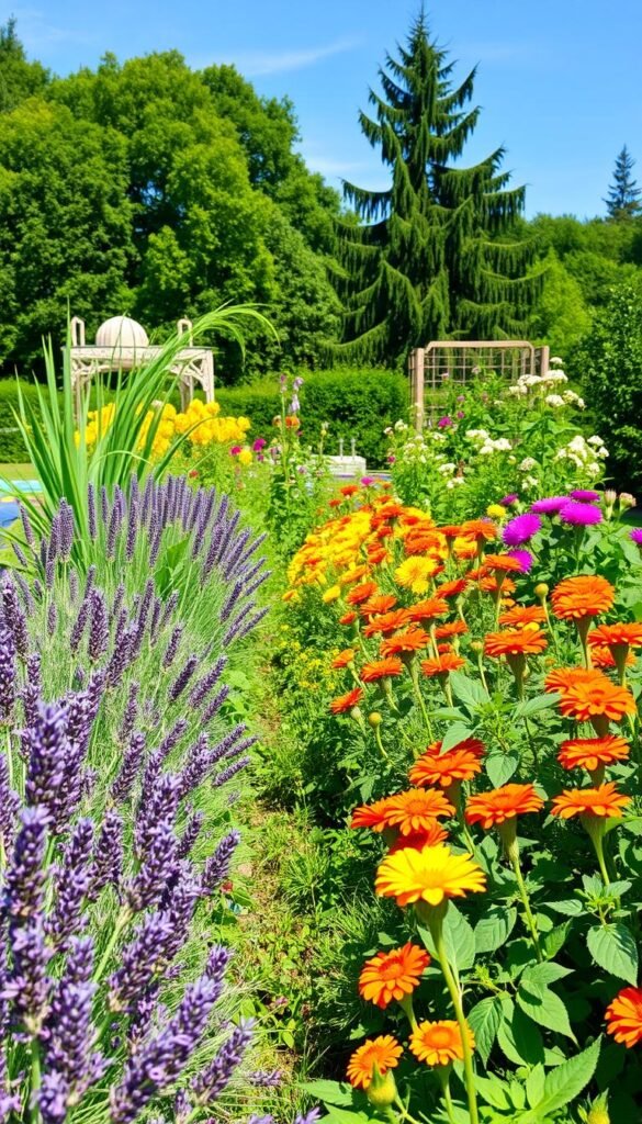 A lush, vibrant garden scene showcasing a variety of natural pest control plants. In the foreground, rows of fragrant lavender, rosemary, and marigolds sway gently in the soft, natural lighting. In the middle ground, a diverse assortment of herbs and flowers like lemongrass, chrysanthemums, and basil create a colorful tapestry. The background features a verdant backdrop of towering trees and a clear blue sky, conveying a sense of tranquility and harmony. The overall composition highlights the beauty and utility of these companion plants, which work in harmony to organically repel pests and promote a thriving, chemical-free garden.