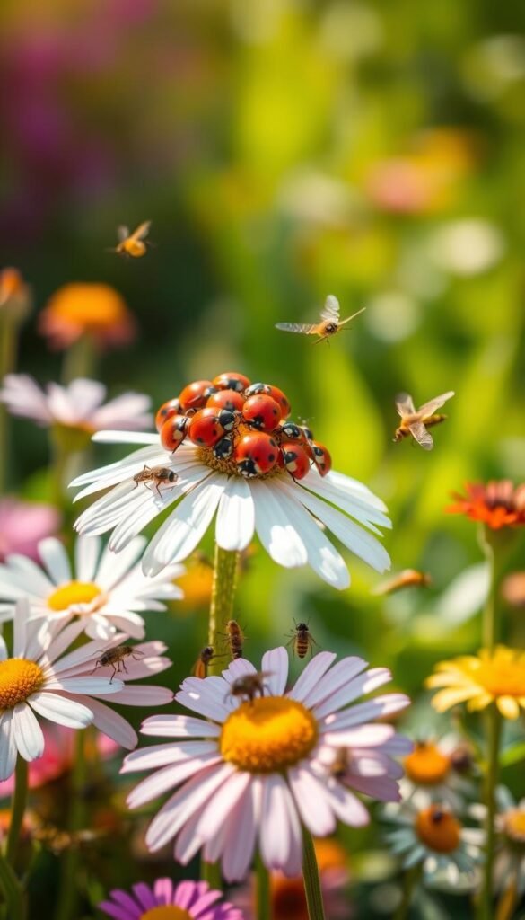 A lush, vibrant garden scene with a cluster of bright red ladybugs perched atop a delicate white daisy, surrounded by a diverse array of beneficial insects like lacewings, hoverflies, and parasitic wasps gracefully alighting on the delicate petals of various flowers. The foreground is bathed in warm, natural light, creating a sense of tranquility and harmony, while the background fades into a softly blurred, verdant landscape, emphasizing the focus on the beneficial insects. The composition is balanced, drawing the viewer's eye to the intricate details and interactions of the natural elements. Captured with a shallow depth of field, the image conveys a sense of intimate connection with the micro-ecosystem.