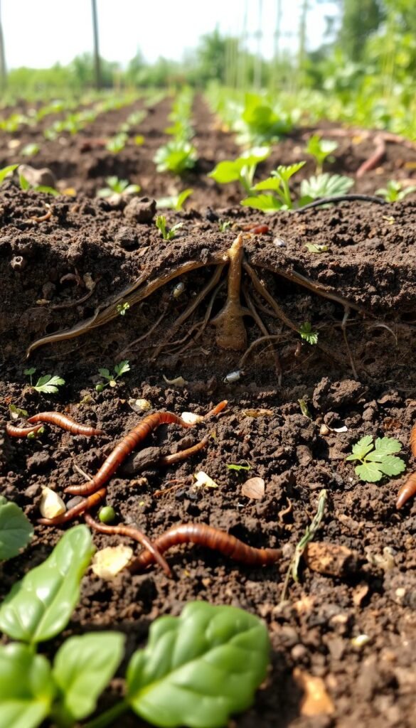 A lush, vibrant garden soil ecosystem in natural daylight. In the foreground, a close-up view of the soil's surface, teeming with earthworms, insects, and diverse microorganisms. The middle ground reveals a cross-section of the soil profile, showcasing the intricate web of plant roots, decomposing organic matter, and porous structure that facilitates water and air circulation. In the background, a panoramic view of the healthy, no-till garden, with thriving plants and a balanced, pest-resilient ecosystem. The scene conveys a sense of balance, productivity, and the importance of nurturing a healthy, living soil for effective natural pest control.