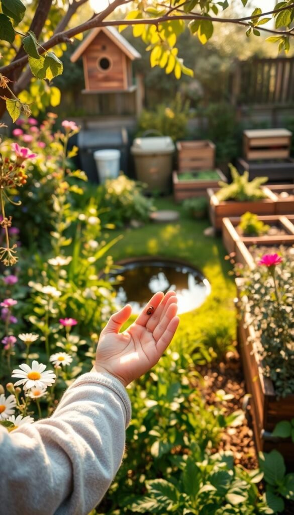 A lush, vibrant garden with a variety of natural pest control methods. In the foreground, a child gently holds a ladybug, surrounded by flowering plants and herbs. In the middle ground, a wooden birdhouse hangs from a tree branch, while a small pond reflects the natural light. In the background, a compost bin and a row of raised garden beds showcase sustainable gardening practices. The scene is illuminated by warm, golden sunlight, creating a serene and inviting atmosphere. The overall composition emphasizes the harmony between nature, eco-friendly pest control, and a child's wonder and curiosity.