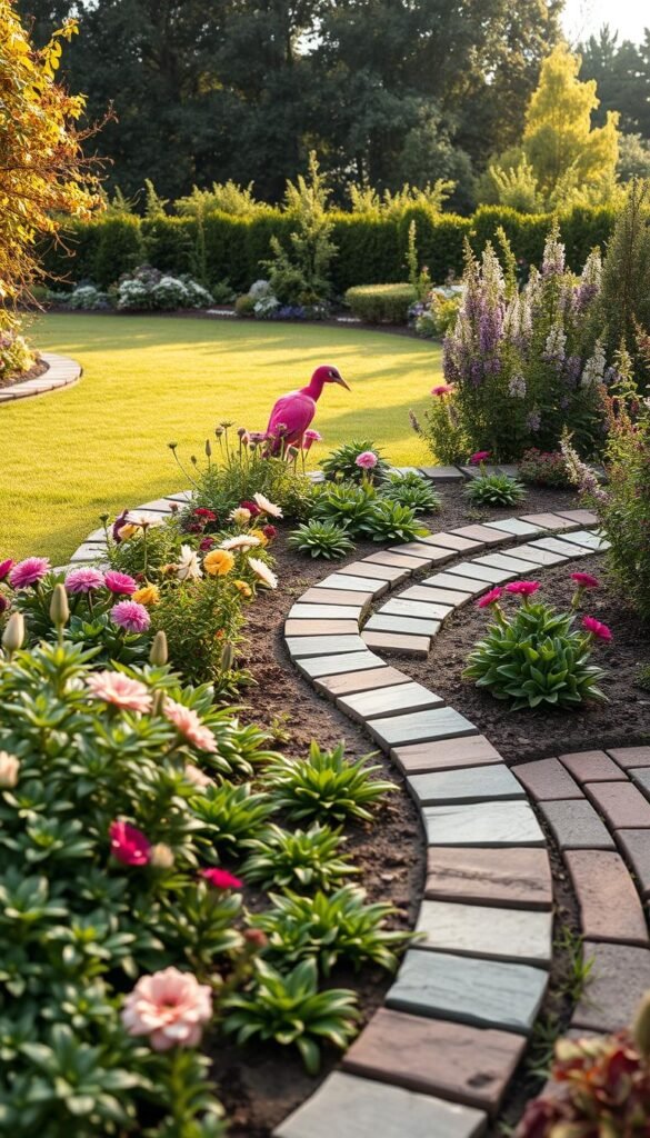 A lush, vibrant garden with an array of creatively designed edging ideas. In the foreground, a variety of textured borders frame the flower beds, including stone pavers, rustic wooden planks, and elegant brick patterns. The middle ground showcases a mix of flowering plants and greenery, their colors and textures complementing the edging materials. In the background, a well-manicured lawn and a backdrop of trees or shrubs create a serene, naturalistic setting. The lighting is soft and diffused, casting a warm, golden glow across the scene. The overall composition and camera angle capture the beauty and artistry of these diverse garden edging solutions.