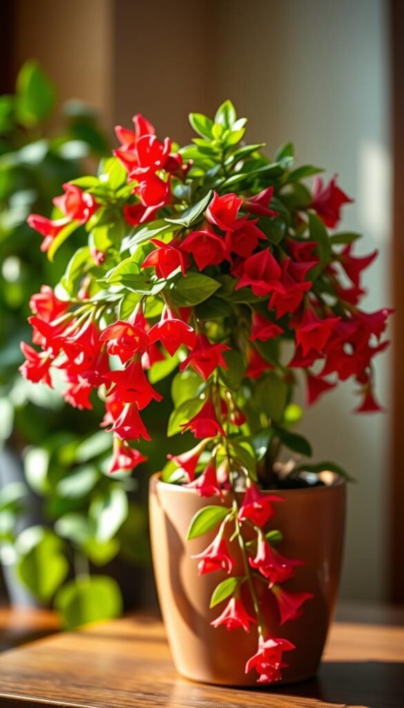 A lush, vibrant lipstick plant in full bloom, its cascading crimson flowers spilling from a ceramic pot. The plant is bathed in warm, soft lighting, creating a cozy, intimate atmosphere. The background is blurred, with hints of verdant foliage and a wooden surface, emphasizing the plant's focal point. The composition is balanced, showcasing the plant's intricate details and natural beauty. The image conveys a sense of tranquility and the joy of cultivating indoor plants.