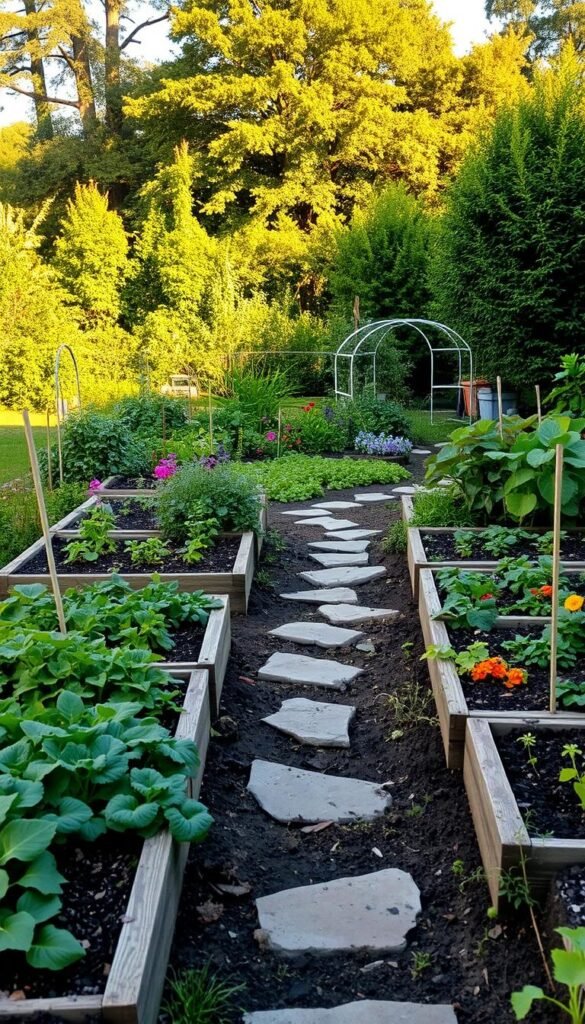 A lush, vibrant no-till garden set in a backyard oasis. In the foreground, raised garden beds brimming with thriving vegetables, herbs, and flowers, their soil rich and dark, undisturbed by tilling. A winding path of natural stepping stones leads the viewer through the scene. The middle ground showcases a diverse array of companion plants, their foliage creating a tapestry of colors and textures. In the background, a verdant backdrop of towering trees and shrubs filters the warm, golden sunlight, casting a soft, natural glow over the entire composition. The atmosphere is one of tranquility and abundance, showcasing the beauty and simplicity of a thriving no-till garden.