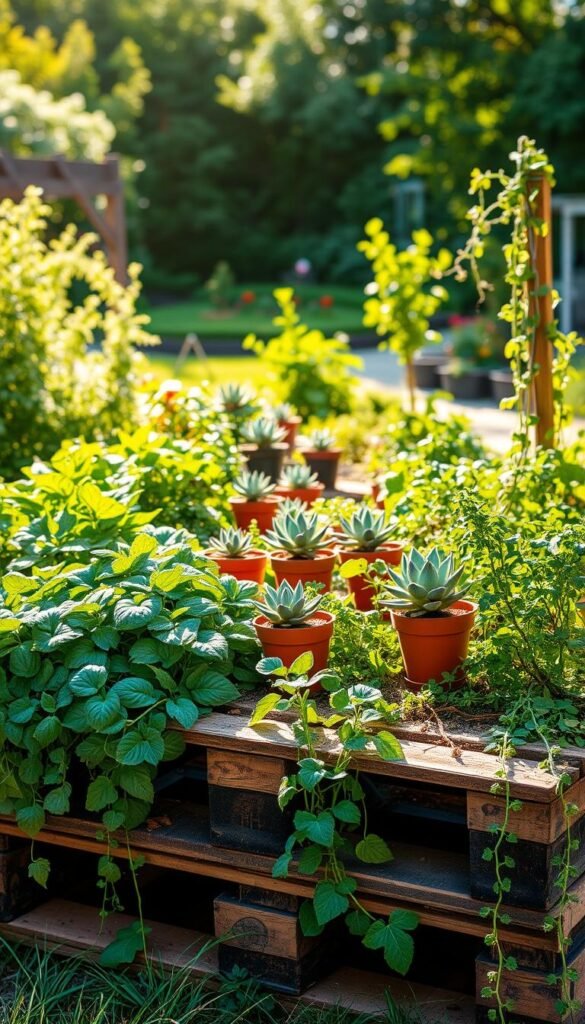 A lush, vibrant pallet garden filled with thriving plants and greenery. The foreground showcases an array of leafy herbs, vegetables, and flowers cascading over the rustic wooden pallets. In the middle ground, potted succulents and trailing vines adorn the raised garden beds, creating a whimsical, natural display. The background features a sun-dappled outdoor setting, with a backdrop of verdant foliage and a hint of a serene garden path. The scene is bathed in warm, golden lighting, conveying a sense of tranquility and the benefits of sustainable, upcycled gardening.