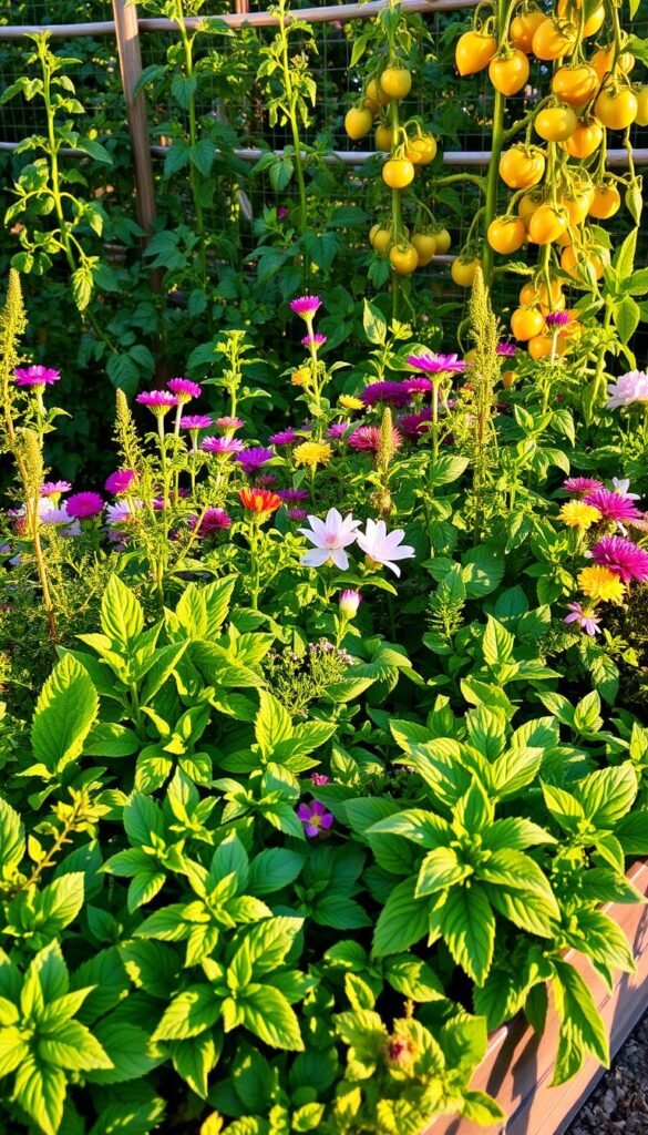 A lush, vibrant raised garden bed filled with a harmonious arrangement of thriving plants. In the foreground, clusters of leafy greens and fragrant herbs intertwine, their verdant hues and textures creating a visually appealing tapestry. In the middle ground, colorful flowers in shades of pink, purple, and yellow burst forth, attracting pollinators and adding a touch of whimsy. Towering tomato plants, their vines cascading over the bed's edges, provide a sense of abundance and productivity. The entire scene is bathed in warm, golden sunlight, casting gentle shadows and highlighting the plants' natural beauty. The composition is balanced, with a sense of depth and layering that draws the viewer in, inviting them to explore the perfect plant pairings within this thriving raised bed oasis.
