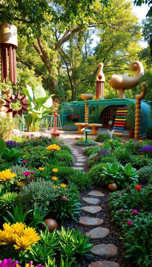 A lush, vibrant sensory garden filled with interactive features and whimsical play elements for curious children. In the foreground, a maze of colorful, textured paths winds through a diverse array of tactile plants, encouraging hands-on exploration. Chimes, wind spinners, and water features add soothing sounds and gentle motion, captivating young minds. The middle ground showcases a playful musical instrument station, with xylophone-style bars, drums, and other interactive sound-making elements. Towering, organically-shaped sculptures in the background provide a sense of wonder and discovery, casting dynamic shadows across the scene. Warm, natural lighting filters through the canopy of verdant foliage, creating a welcoming, enchanting atmosphere for kids to engage with their senses and imagination.