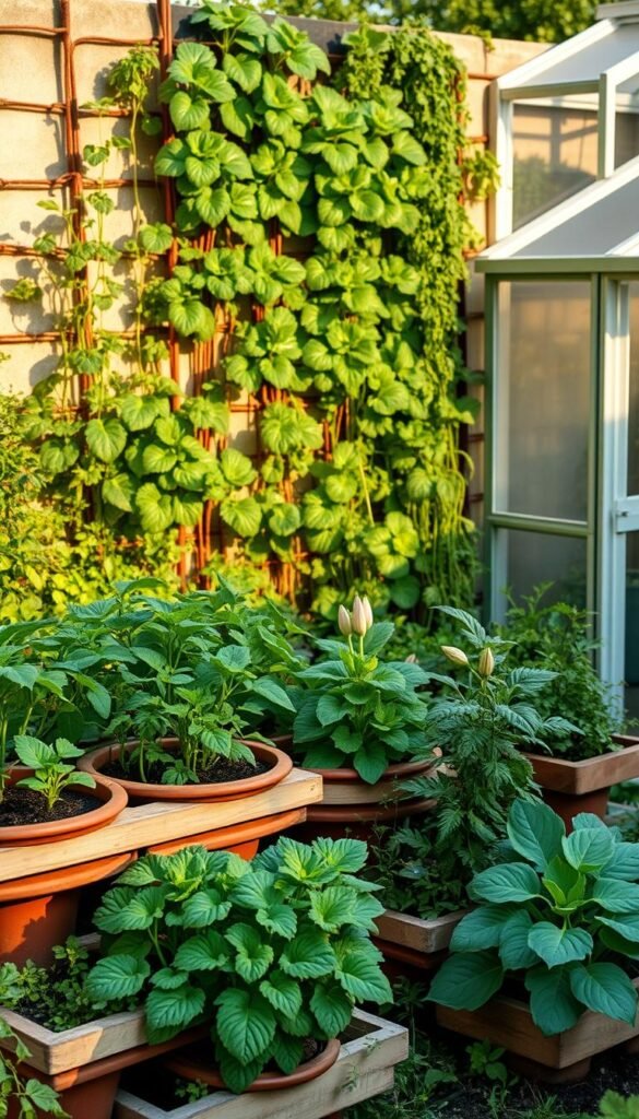 A lush, vibrant small-scale garden with carefully arranged vertical and horizontal growing structures. In the foreground, neatly stacked tiered planters display a variety of thriving vegetables and herbs. In the middle ground, a vertical garden wall showcases a cascading array of leafy greens and trailing vines. The background features a compact greenhouse or cold frame, strategically positioned to maximize limited space. Warm, soft lighting illuminates the scene, casting gentle shadows and highlighting the textures of the plants. The overall composition conveys a sense of efficient, space-conscious gardening that harmonizes with the natural environment.
