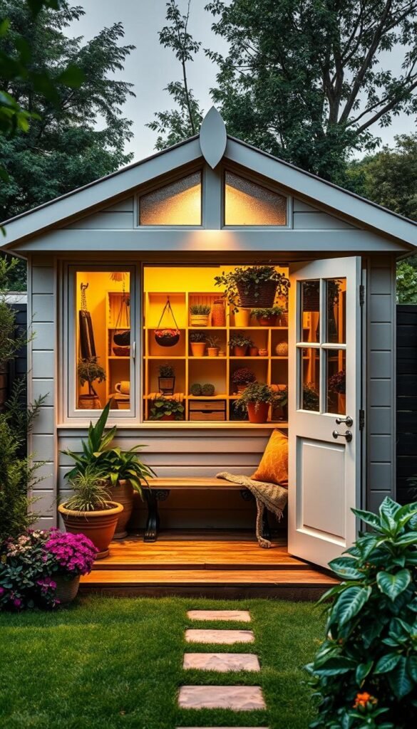 A lush, well-designed garden shed nestled amidst a vibrant, meticulously maintained backyard. The shed's exterior features a crisp, contemporary aesthetic with clean lines, a neutral color palette, and sleek hardware. Large windows flood the interior with natural light, highlighting the functional yet stylish storage solutions within. Strategically placed potted plants and hanging baskets add pops of greenery, seamlessly blending the shed with the surrounding foliage. A cozy seating area, complete with a weathered wooden bench and plush cushions, invites relaxation and inspiration. Warm, directional lighting casts a soft glow, creating an inviting ambiance that exudes both practicality and charm.