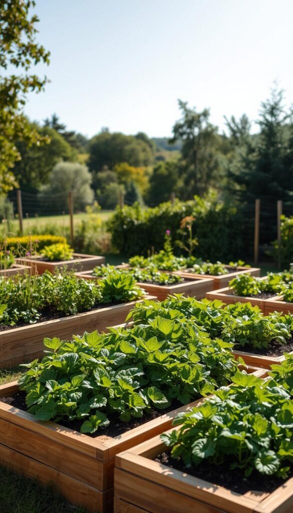 A lush, well-designed raised garden bed arrangement in a sun-dappled backyard. The beds are constructed with natural wooden frames, neatly arranged in a visually appealing layout. Verdant, thriving plants of various colors and textures fill the beds, creating a harmonious and inviting scene. The background features a slightly blurred, peaceful landscape with trees and a clear blue sky, allowing the focal point of the raised beds to stand out. Soft, warm lighting illuminates the scene, casting gentle shadows and highlighting the natural textures. The overall composition conveys a sense of tranquility, productivity, and a love for gardening.