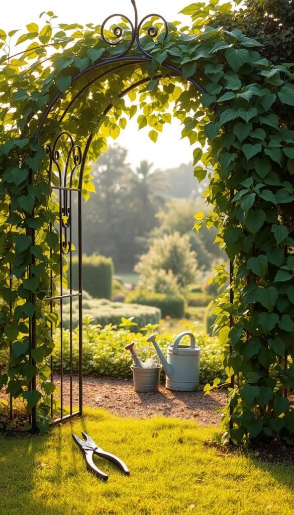A lush, well-maintained garden arch stands proudly in the soft morning light. The arch's intricate wrought-iron frame is covered in a cascade of vibrant, healthy vines, their leaves gently swaying in the breeze. In the foreground, a pair of secateurs lies on the ground, suggesting a recent pruning session. The middle ground features a small bucket of garden tools and a watering can, hinting at the diligent care required to keep the arch in pristine condition. The background showcases a verdant, picturesque garden, adding to the serene and tranquil atmosphere. This image captures the essence of preserving the romantic appeal of a garden arch through meticulous upkeep and attention to detail.