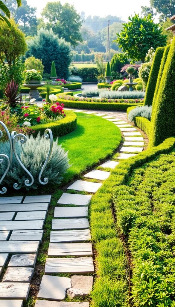 A lush, well-manicured garden in soft morning light, showcasing a variety of garden edging materials arranged in a visually striking comparison. The foreground displays a range of options, including natural stone pavers, weathered wood planks, decorative metal borders, and neatly trimmed hedges. The middle ground features a path winding through the verdant landscape, allowing the viewer to appreciate the different textures and colors of the edging materials. In the background, a serene garden scene unfolds, with vibrant flowers, verdant foliage, and a calming water feature. The composition is balanced, with a sense of harmony and attention to detail, inviting the viewer to explore the various edging solutions and their impact on the overall garden aesthetic.