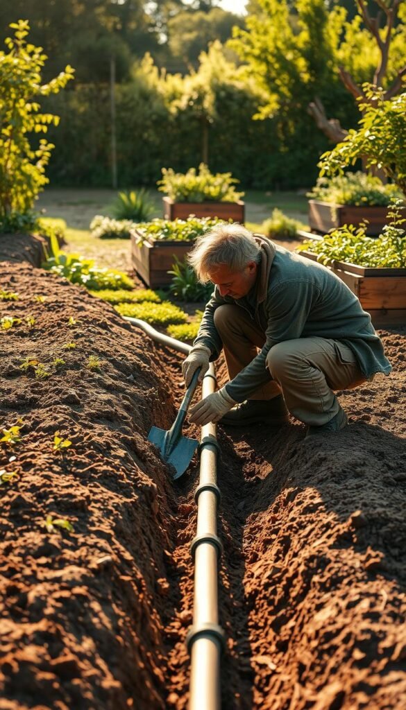 A lush, well-manicured garden in the morning light, with a worker carefully digging a trench for irrigation pipes. The sun casts warm, golden hues across the scene, highlighting the texture of the freshly turned soil. The worker, wearing a rugged, worn outfit, is crouched low, skillfully maneuvering a shovel to create a precise, uniform trench. In the background, raised garden beds filled with thriving vegetables and herbs add a sense of productivity and purpose to the task at hand. The overall atmosphere conveys a sense of tranquility and hard-earned accomplishment, setting the stage for a successful DIY watering system installation.