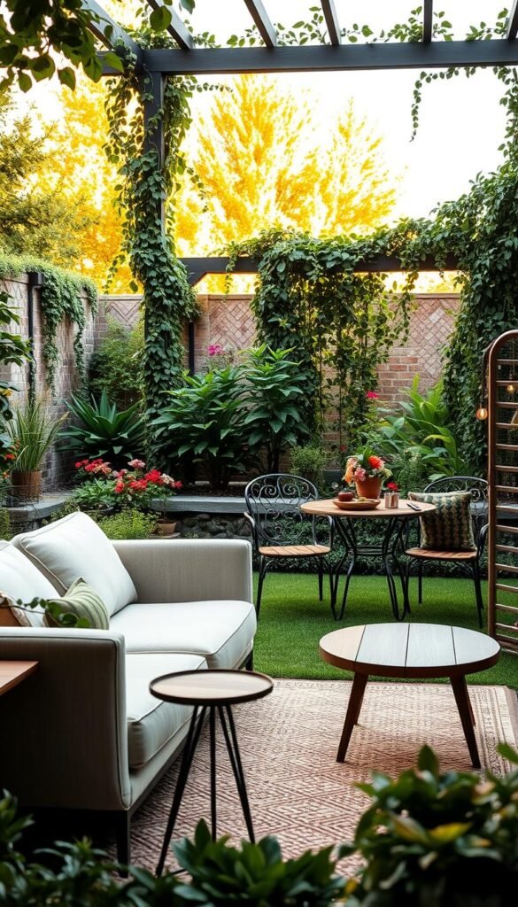 A lush, well-manicured garden with a mix of modern and vintage-inspired outdoor furniture. In the foreground, a sleek, minimalist sofa with clean lines and a neutral fabric palette sits atop a patterned, vintage-style rug. Nearby, a small mid-century modern side table with a solid wood top and angular metal legs complements the contemporary seating. In the middle ground, a pair of ornate, wrought-iron chairs with intricate scrollwork and distressed finishes create a contrast against the modern elements. The background features a vibrant, thriving garden with a variety of plants, flowers, and a towering pergola draped in climbing vines, illuminated by warm, golden natural lighting. The overall atmosphere is one of an effortless, harmonious blend of modern and vintage aesthetics.