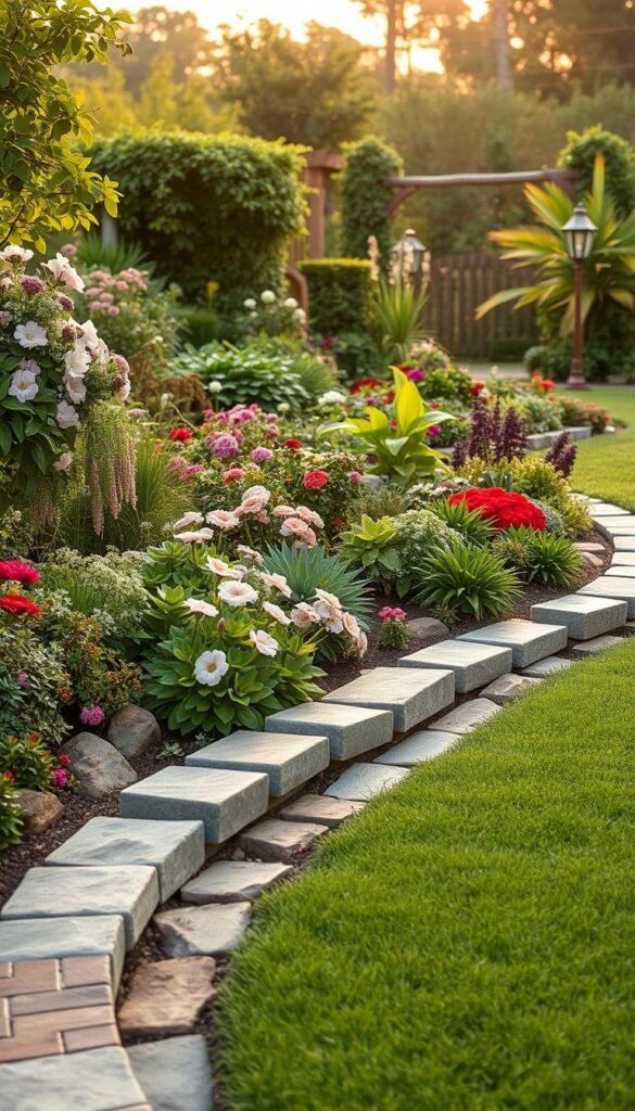 A lush, well-manicured garden with a variety of elegant border ideas. In the foreground, various materials like stone, brick, and wooden edging seamlessly blend to create a harmonious and visually appealing border. The middle ground showcases a diverse array of flowering plants and greenery, cascading over the edges and softening the transition between the borders and the main garden. The background features a warm, golden-hour lighting that casts a dreamy, romantic atmosphere, inviting the viewer to imagine strolling through this enchanting outdoor space.