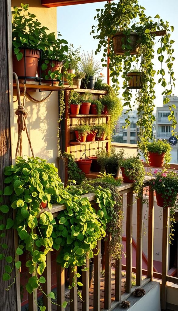 A lush, well-organized balcony garden in warm, golden afternoon light. A variety of potted plants and herbs arranged thoughtfully on tiered shelves and hanging baskets, maximizing the available vertical space. Trailing vines and flowers cascade over the railings, creating a sense of vibrant, abundant greenery. The scene is framed by a weathered wooden balcony railing, with a glimpse of the cityscape visible in the background, suggesting an urban setting. The overall atmosphere is one of calm, tranquil productivity, showcasing how a small balcony can be transformed into a thriving, functional garden oasis.