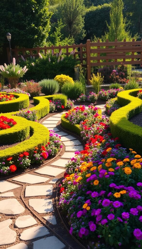 A lush, well-organized garden layout with a harmonious blend of vibrant flowers, neatly trimmed hedges, and meandering stone paths. The scene is bathed in warm, golden sunlight, casting soft shadows and highlighting the vivid colors. In the foreground, a carefully planned arrangement of colorful annuals and perennials creates a visually appealing and functional design. The middle ground features a mix of ornamental shrubs and small trees, strategically placed to provide structure and depth. In the background, a picturesque wooden fence or trellis frames the scene, adding a sense of enclosure and privacy. The overall composition conveys a sense of balance, efficiency, and a thoughtful approach to garden design.