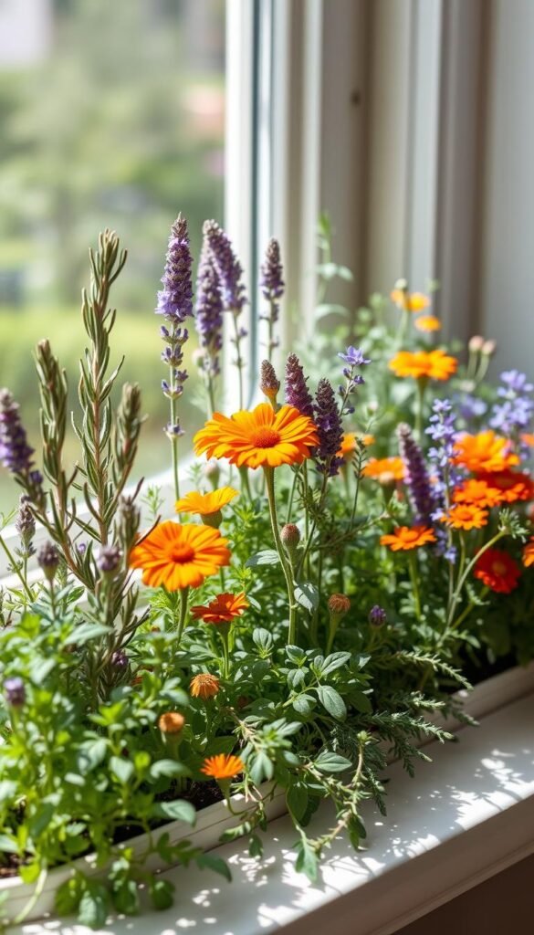 A lush, well-organized herb garden on a sunny windowsill, showcasing a variety of plants known for their natural aphid-repelling properties. In the foreground, rosemary, lavender, and marigolds stand tall, their vibrant colors and delicate textures inviting closer inspection. In the middle ground, a mix of sage, thyme, and chives add depth and diversity, their fragrant leaves gently swaying in a soft, diffused light. The background features a blurred, out-of-focus view of the garden's setting, creating a sense of depth and emphasizing the focal point of the companion plants. The overall mood is one of natural harmony, highlighting the benefits of incorporating these beneficial herbs into an organic pest control strategy.