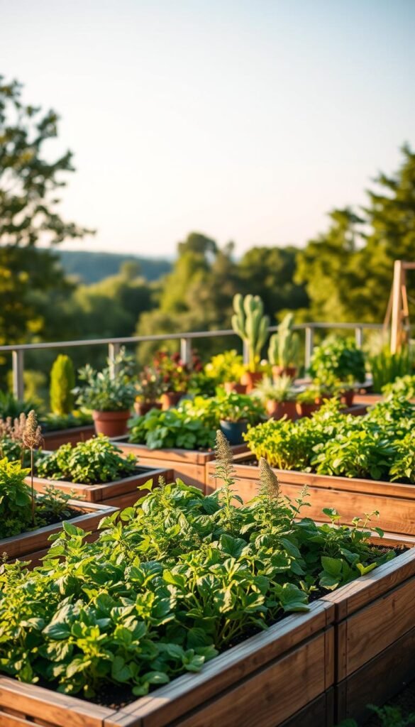A lush, well-organized raised bed container garden nestled in a tranquil outdoor setting. The foreground showcases a series of rectangular wooden raised beds, each brimming with a variety of thriving plants and vegetables. The middle ground features an array of potted plants, strategically placed to create a visually appealing layout. In the background, a blurred natural landscape with verdant trees and a clear blue sky provides a serene backdrop. Warm, soft lighting gently illuminates the scene, casting gentle shadows and highlighting the textures of the plants and materials. The overall composition conveys a sense of harmony, productivity, and the joys of urban gardening.