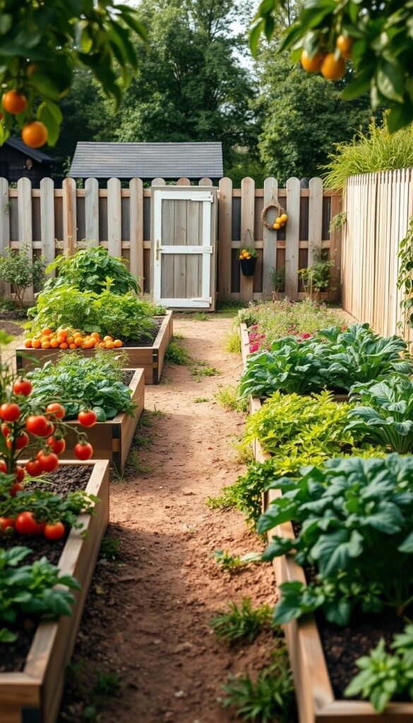 A lush, well-organized vegetable garden layout, showcasing a step-by-step plan for a beginner gardener. The foreground features raised garden beds with a variety of thriving veggies like tomatoes, carrots, and leafy greens. The middle ground has a path winding through the beds, inviting the viewer to explore. In the background, a charming wooden fence frames the scene, with a shed and a few fruit trees providing a sense of depth and context. The lighting is soft and natural, with a warm, inviting tone. The overall composition conveys a sense of order, productivity, and the joy of cultivating one's own fresh produce, perfect for a first-time gardener.