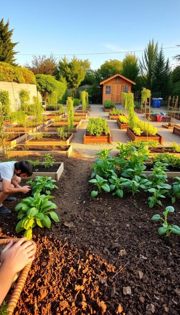 A lush, well-tended backyard garden with a rich, fertile soil and a variety of thriving vegetables and herbs. In the foreground, a person is kneeling down, closely examining the soil and planning the layout of the garden beds. The middle ground features a mix of raised planters, trellises, and paths, allowing for efficient use of the available space. In the background, a cozy wooden shed or greenhouse stands, providing storage and a sheltered workspace. The scene is bathed in warm, golden afternoon light, creating a peaceful, contemplative atmosphere. The camera captures the scene from a slightly elevated angle, providing a comprehensive view of the entire garden layout.