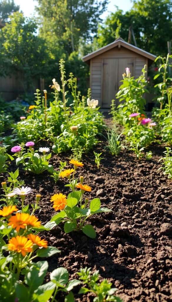A lush, well-tended garden in soft natural light, with a vibrant mix of flowers, vegetables, and herbs in the foreground. The middle ground showcases a variety of soil types, textures, and moisture levels, inviting the viewer to analyze the garden's conditions. In the background, a gardening tool shed stands, casting gentle shadows and providing context. The overall scene radiates a sense of harmony, with a focus on the diversity and health of the plants, conveying the message of thriving, low-maintenance gardening.