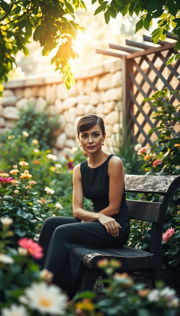 A lush, well-tended garden oasis with Audrey Hepburn seated on a rustic garden bench, surrounded by verdant foliage and blooming flowers. Warm, diffused sunlight filters through the canopy, casting a gentle glow on her serene expression. In the background, a charming stone wall and lattice trellis add depth and character to the scene. Hepburn's elegant yet relaxed pose and thoughtful gaze convey a sense of tranquility and contemplation, as if she is pondering a profound gardening quote. The overall atmosphere is one of timeless beauty, growth, and the inspirational power of nature.