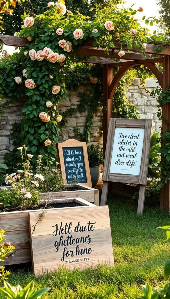 A lush, well-tended garden with wooden planters and trellises adorned with hand-painted inspirational quotes. In the foreground, a weathered wooden sign displays a calligraphed phrase, framed by delicate vines and flowers. The middle ground features a DIY quote frame made from reclaimed wood, propped against a stone wall covered in ivy. The background showcases a rustic arbor entwined with climbing roses, casting a warm, golden glow over the entire scene. The overall atmosphere is one of tranquility, creativity, and a celebration of the beauty found in nature and the written word.
