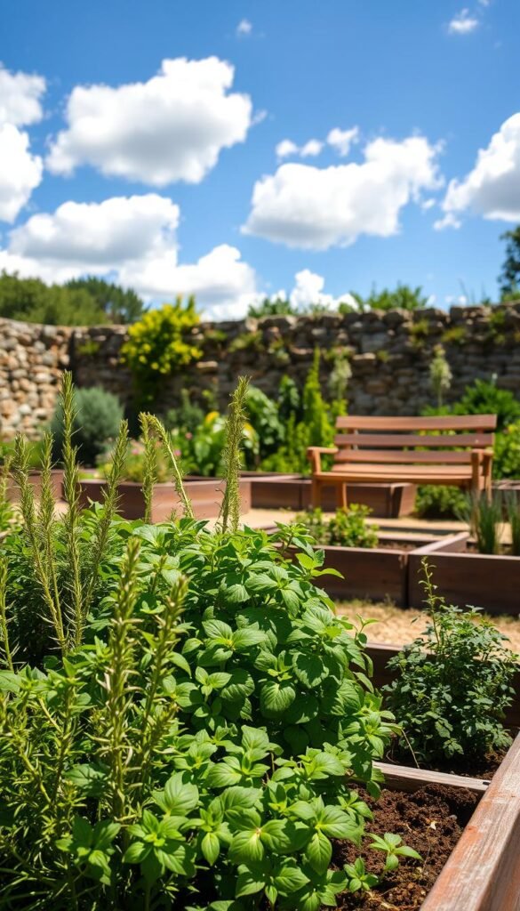A lush, well-tended herb garden in a sun-dappled backyard. In the foreground, a variety of vibrant green herbs - rosemary, thyme, basil, and oregano - growing in neat raised beds. The middle ground features a rustic wooden garden bench, inviting the viewer to pause and appreciate the garden's bounty. In the background, a picturesque stone wall and a vibrant blue sky with fluffy white clouds, creating a serene and inviting atmosphere. The lighting is soft and natural, highlighting the textures and colors of the herbs. The overall composition evokes a sense of tranquility and the joy of home-grown, fresh ingredients.