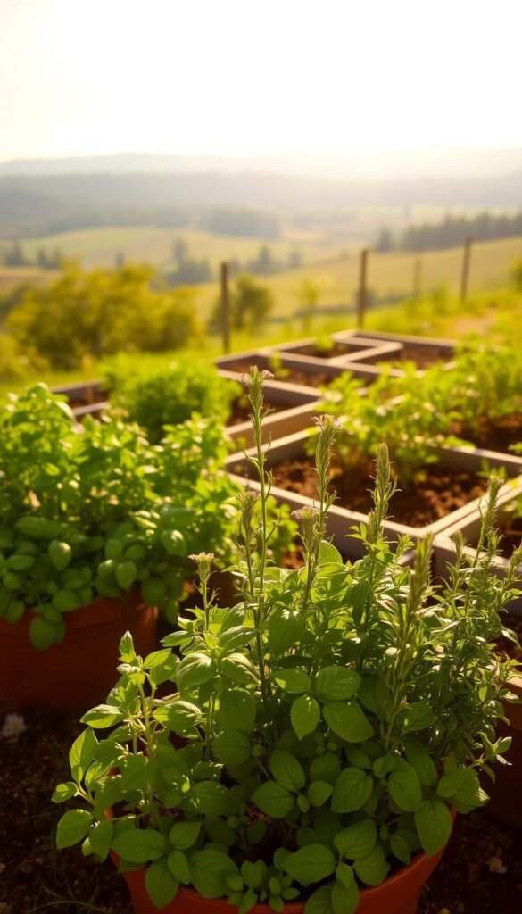 A lush, well-tended kitchen garden filled with aromatic herbs bathed in warm, golden sunlight. In the foreground, a vibrant collection of potted herbs - basil, rosemary, thyme - thriving in rich, dark soil. Their verdant leaves and delicate flowers sway gently in a light breeze. The middle ground reveals neatly arranged raised garden beds, the soil teeming with life. Beyond, a picturesque countryside landscape unfolds, with rolling hills and a distant treeline softened by a hazy, atmospheric light. The overall scene conveys a sense of tranquility, balance, and the nurturing connection between plants, sun, and earth.