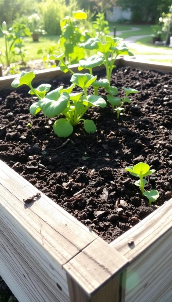 A lush, well-tended raised garden bed filled with nutrient-rich, dark soil. The soil is crumbly and moist, teeming with earthworms and organic matter. In the foreground, sunlight gently filters through the leaves of thriving vegetable plants, casting a warm, natural glow. The middle ground showcases the raised bed's sturdy, weathered wooden frame, complementing the fertile soil. In the background, a tranquil garden scene unfolds, with verdant foliage and a hint of a winding path. The overall atmosphere conveys the abundance and nourishment provided by a properly prepared raised bed, perfect for beginner gardeners to cultivate a bountiful harvest.