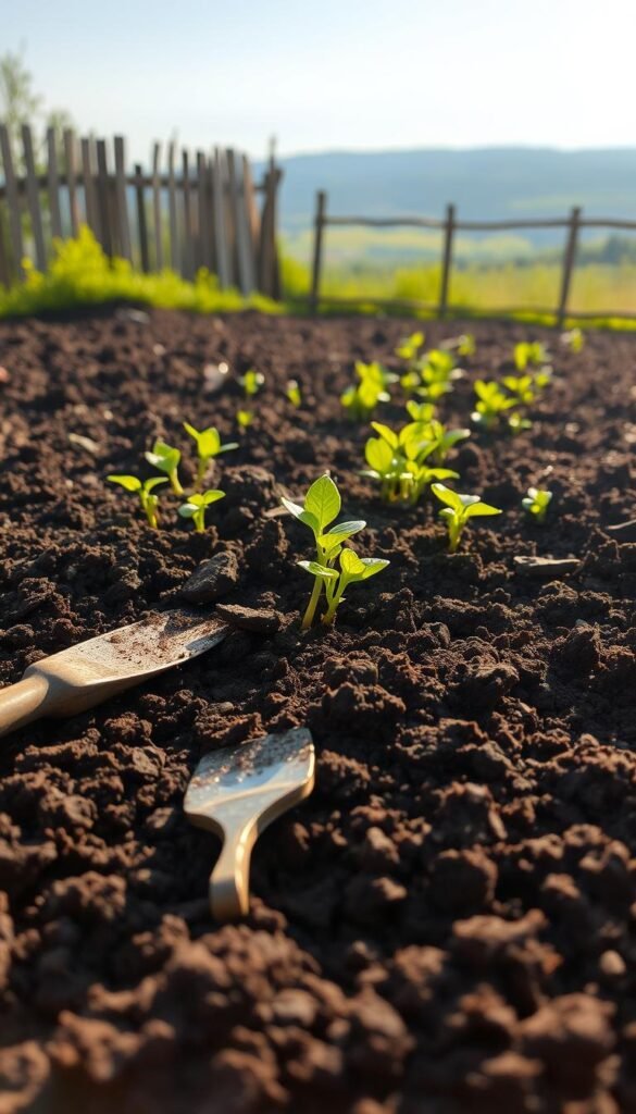 A lush, well-tilled garden bed in soft, warm sunlight. The foreground shows freshly turned soil, dark and crumbly, with a few scattered gardening tools like a hand trowel and a small rake. In the middle ground, seedlings and young plants peek through the enriched earth, their vibrant green leaves contrasting with the earthy tones. The background features a picturesque landscape, perhaps a wooden fence or a gently rolling hill, creating a sense of depth and tranquility. The overall scene conveys the peaceful, rewarding process of preparing the soil for a bountiful flower garden.