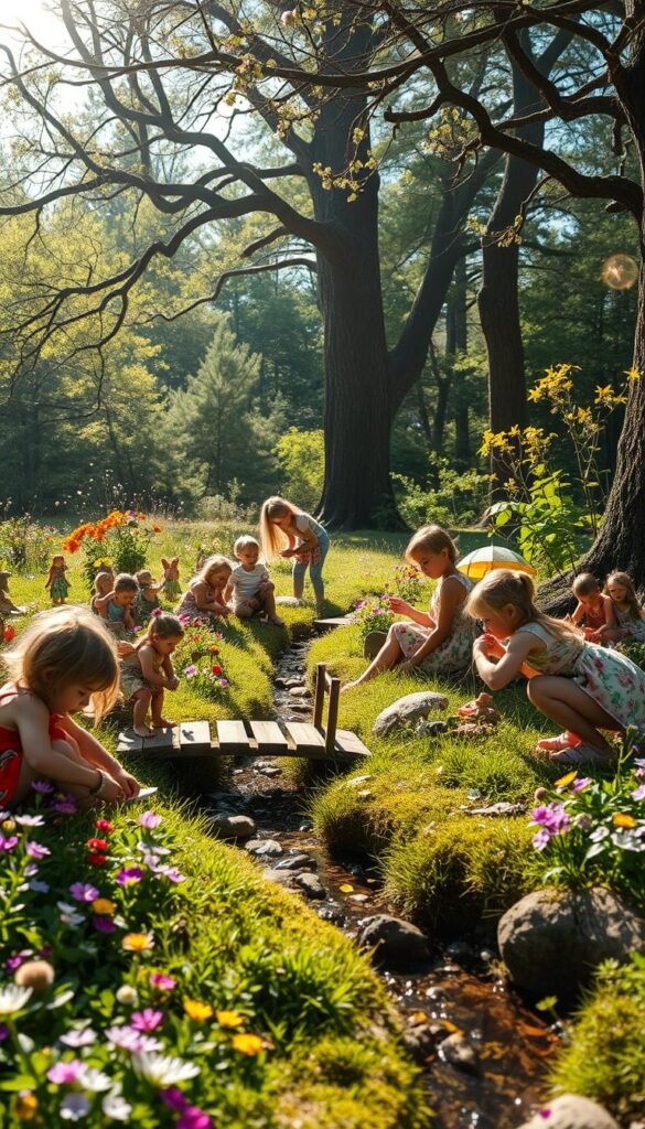 A lush, whimsical fairy garden set in a sunlit clearing, filled with fanciful activities for curious young minds. In the foreground, a group of children engage with wooden fairies, building miniature houses and placing them amidst a vibrant carpet of wildflowers. The middle ground features a small stream winding through the scene, with enchanted stepping stones and a charming footbridge inviting exploration. In the background, towering trees create a natural canopy, their branches adorned with delicate flowers and flickering fireflies, casting a warm, magical glow over the entire tableau. Soft, diffused lighting and a sense of wonder and discovery permeate the image, sparking the imagination and encouraging hands-on, nature-based play.