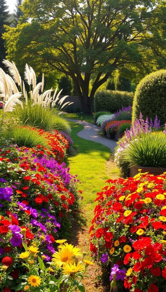 A lush, year-round blooming garden, bathed in warm, golden sunlight. In the foreground, a vibrant tapestry of perennial flowers in a kaleidoscope of colors - vivid reds, deep purples, sunny yellows, and delicate pinks. Trailing vines and cascading blooms spill over raised garden beds, creating a sense of abundance and vitality. In the middle ground, a winding path leads the eye through the garden, flanked by tall, swaying ornamental grasses and fragrant shrubs in full bloom. The background features a verdant tree canopy, providing dappled shade and a sense of tranquility. The overall scene exudes a serene, timeless beauty, inviting the viewer to step into this enchanting year-round oasis.