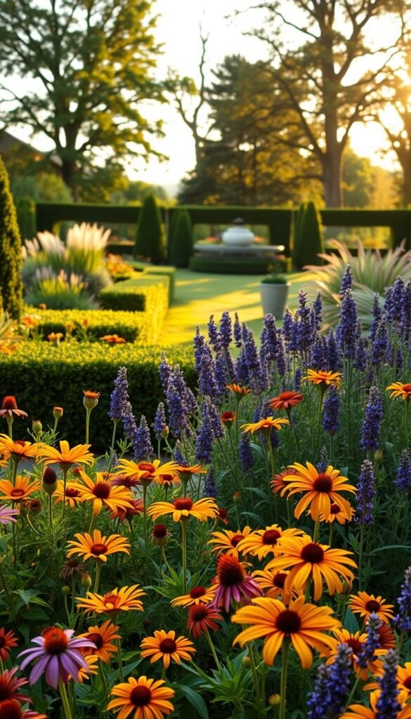A lush, year-round perennial garden design, bathed in soft, golden afternoon light. In the foreground, a vibrant mix of blooms in warm hues - daylilies, coneflowers, and lavender swaying gently. The middle ground features structured borders of boxwood and ornamental grasses, leading the eye to a backdrop of mature trees and a serene garden path. The overall composition conveys a sense of harmony and abundance, inviting the viewer to envision themselves strolling through this idyllic, four-season oasis.
