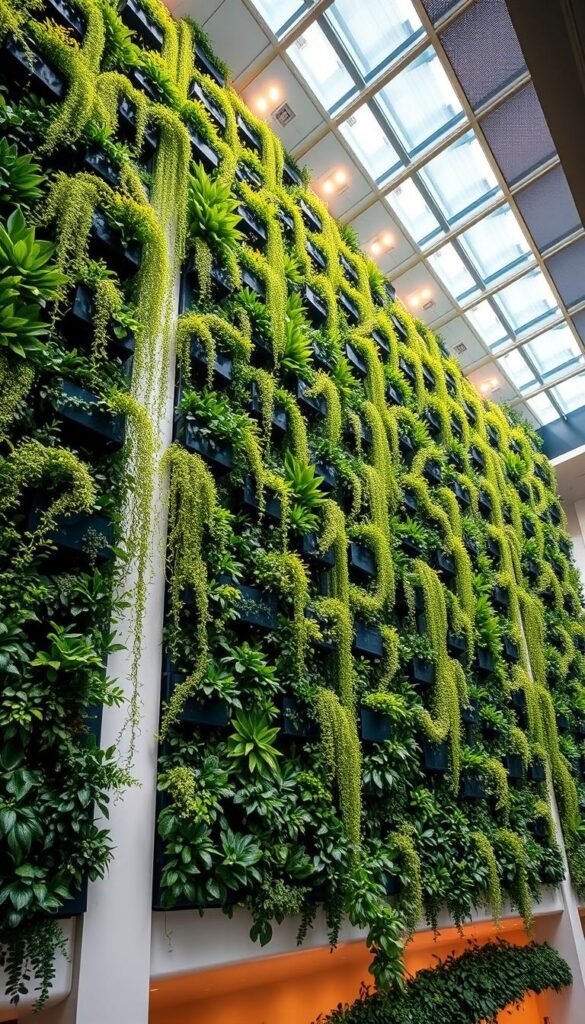 A massive vertical garden installation spanning the entire interior wall of a modern architectural space. Verdant, lush foliage cascades down from elevated planters, creating a stunning living green tapestry. Vibrant plants of various sizes, colors, and textures are artfully arranged in harmonious layers, evoking a sense of natural abundance. The garden is illuminated by warm, diffuse overhead lighting, casting a soft, inviting glow across the scene. The image is captured from a low, wide-angle perspective to emphasize the grand scale and immersive quality of the installation, blending seamlessly with the clean, minimalist design of the surrounding architecture.