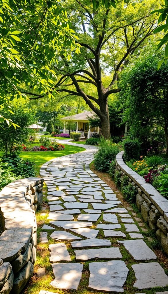 A meandering stone walkway winds through a lush, vibrant garden, its irregular paving stones creating a captivating, organic path. Verdant foliage and colorful blooms frame the walkway, creating a welcoming, inviting atmosphere. Dappled sunlight filters through the trees, casting a warm, natural glow over the scene. In the foreground, textured stone elements, such as stepping stones and low walls, add depth and visual interest, seamlessly blending with the surrounding flora. The middle ground features a mix of flowering perennials and evergreen shrubs, creating a layered, harmonious landscape. In the background, a stately tree canopy provides a sense of enclosure and privacy, completing the serene, enchanting composition.