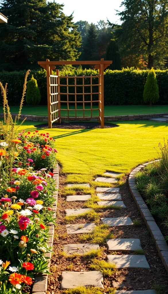 A meticulous garden planning scene in soft, golden sunlight. In the foreground, vibrant flower beds outline a neatly patterned garden path, the edges defined by carefully placed stones and bricks. In the middle ground, a wooden garden trellis casts gentle shadows, hinting at future lush growth. Toward the back, a well-tended lawn stretches out, framed by a low, decorative stone wall. The overall mood is one of tranquility and thoughtful design, capturing the essence of starting a beautiful, harmonious garden.