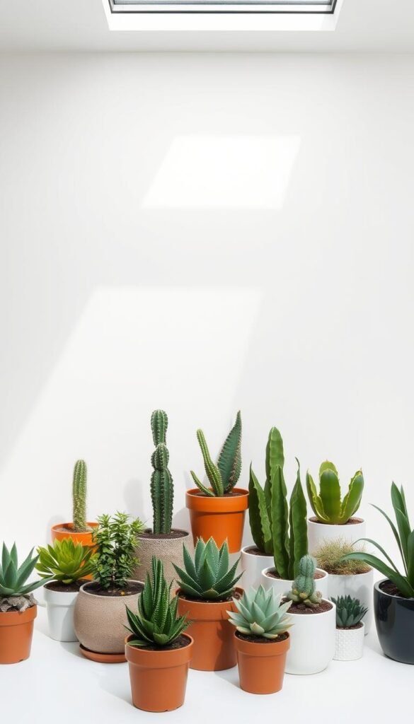 A meticulously composed minimalist garden scene, featuring a serene arrangement of potted succulents, cacti, and other low-maintenance plants against a clean, white background. The plants are lit by soft, natural lighting from an overhead window, casting gentle shadows and highlighting their simple, geometric forms. The composition is carefully balanced, with the plants positioned in a visually pleasing grid or asymmetrical layout. The overall atmosphere is one of tranquility, simplicity, and a focus on the inherent beauty of the plants themselves, free from distractions or extraneous elements.