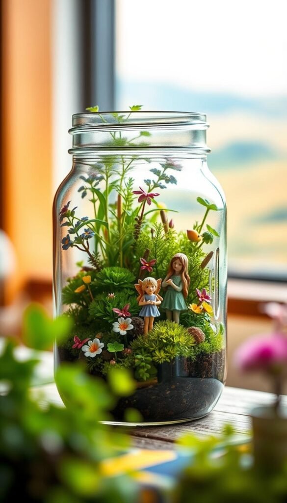 A meticulously crafted mason jar filled with a lush, whimsical fairy garden. The foreground showcases a vibrant array of miniature plants, delicate flowers, and charming fairy figurines nestled among the verdant foliage. The middle ground features a warm, soft-focus lighting that casts a gentle glow, creating an inviting and magical atmosphere. In the background, a blurred, hazy landscape of rolling hills and a dreamy, pastel sky sets the stage for this enchanting indoor oasis. The composition is balanced, with a sense of depth and attention to detail that brings this fairy-inspired scene to life.