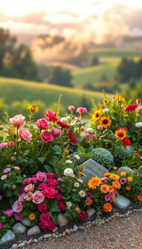 A meticulously designed garden border, bursting with vibrant blooms and lush foliage. In the foreground, a whimsical mix of colorful flowers - delicate roses, bold sunflowers, and cascading vines - artfully arranged to create a captivating visual display. The middle ground features carefully placed ornamental stones and natural pebbles, complementing the organic shapes and textures of the plants. In the background, a softly blurred, verdant landscape sets the stage, bathed in warm, golden light that filters through wispy clouds. This enchanting scene evokes a sense of tranquility and inspiration, perfectly capturing the essence of enhancing the look of flower beds with creative borders.