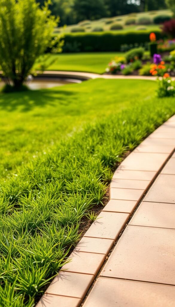 A meticulously designed garden edging solution with a sleek, minimalist aesthetic. In the foreground, a row of smooth, interlocking plastic tiles in a warm, earthy tone create a seamless, easy-to-install border. Subtle textures and a slight sheen catch the soft, diffused sunlight filtering through lush, verdant foliage in the middle ground. The background features a picturesque landscape, with neatly trimmed grass gently sloping towards a tranquil pond, framed by a variety of vibrant, well-maintained plants. The overall scene conveys a sense of effortless elegance and functionality, perfectly complementing the article's focus on practical yet visually appealing garden design.