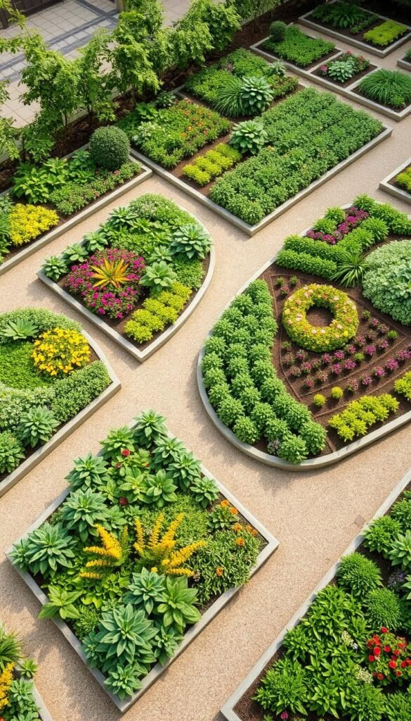 A meticulously designed garden layout, showcasing a strategic arrangement of various planting beds. Verdant foliage and vibrant flowers create a harmonious visual tapestry, artfully arranged to maximize efficiency and aesthetic appeal. The scene is bathed in soft, natural lighting, captured from a slightly elevated perspective to reveal the intricate patterns and thoughtful organization of the garden beds. Pathways meander through the layout, inviting exploration and offering a sense of order and flow. The overall atmosphere conveys a sense of tranquility and intentionality, perfectly capturing the essence of a "Clever Garden Bed Concept" for organized and visually striking planting.