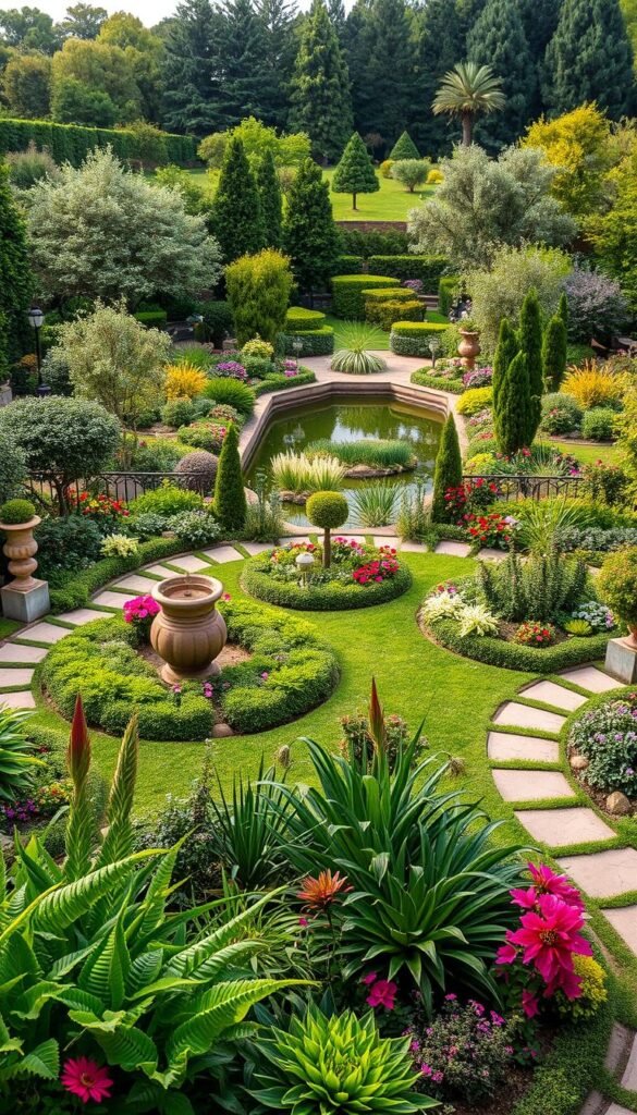 A meticulously designed garden oasis, where thoughtful pathways guide visitors through a harmonious blend of lush greenery, vibrant florals, and serene water features. In the foreground, a well-curated selection of thriving plants and sculptural elements create a visually striking focal point. The middle ground showcases a harmonious arrangement of nested garden beds, each teeming with a diverse array of seasonal blooms. In the background, a tranquil pond reflects the sky, framed by a naturalistic landscape of verdant trees and shrubs. Warm, diffused lighting illuminates the scene, casting a gentle glow and evoking a sense of timeless elegance. This image captures the essence of core garden design concepts, seamlessly blending form, function, and natural beauty.